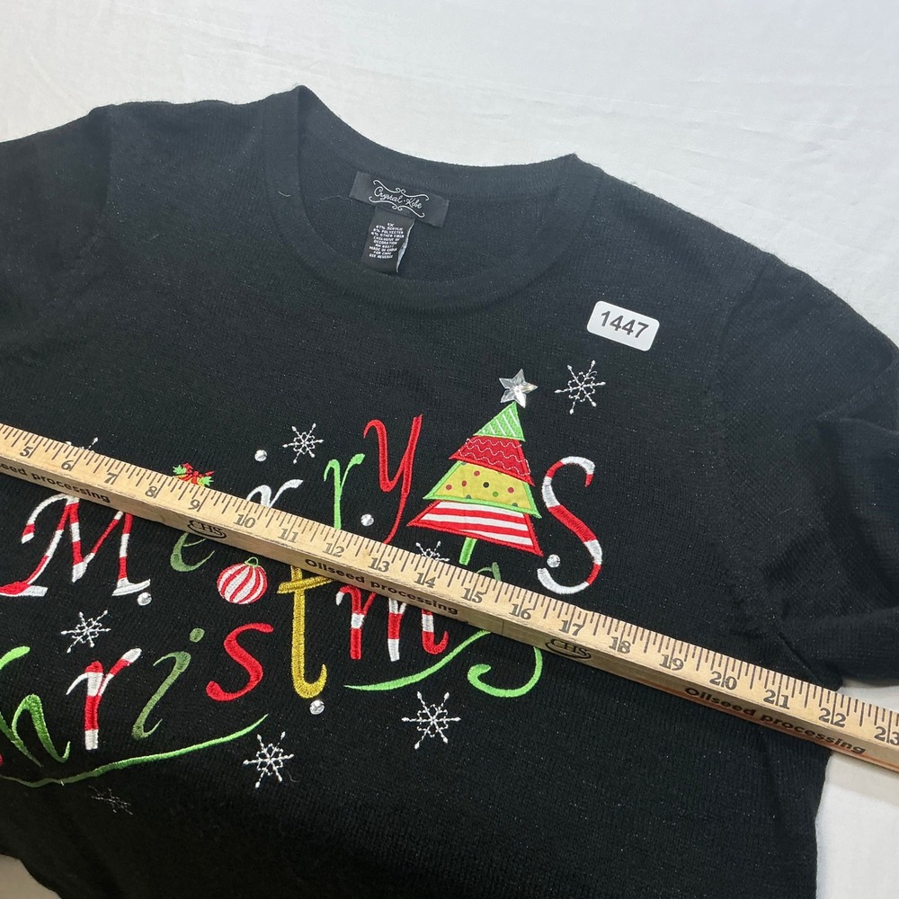 Crystal Kube Women's Black Merry Christmas Embroidered Sweater‎ Size XL - Picture 6 of 6